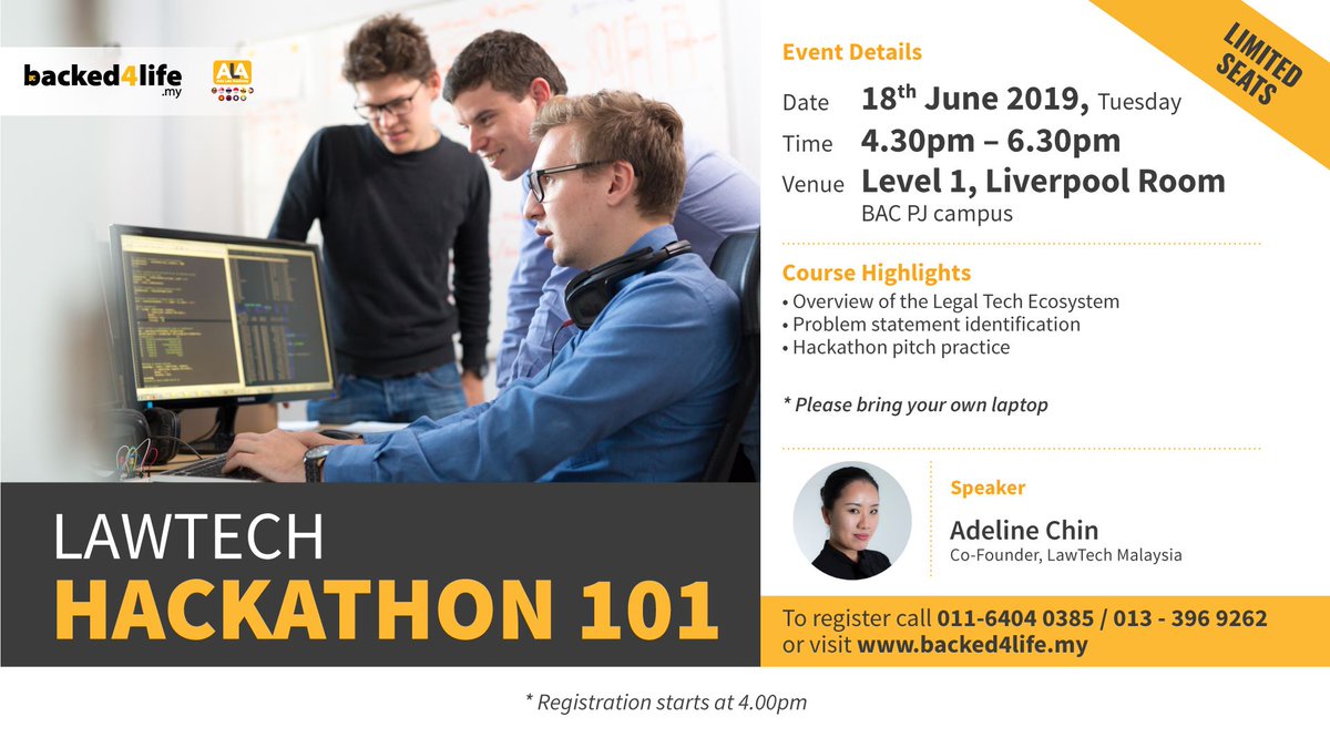 LawTech Hackathon 101

REGISTER &amp; JOIN FOR FREE at
bit.ly/B4LJune2019

You may be getting a call to confirm your attendance.

For more information, please call us at 011-640-40385 / 013-396-9262