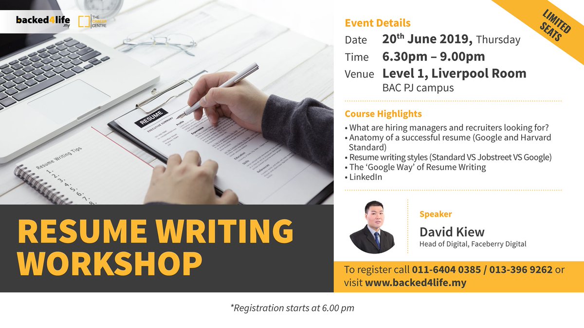 Resume Writing Workshop

REGISTER &amp; JOIN FOR FREE at
bit.ly/B4LJune2019

You may be getting a call to confirm your attendance.

For more information, please call us at 011-640-40385 / 013-396-9262