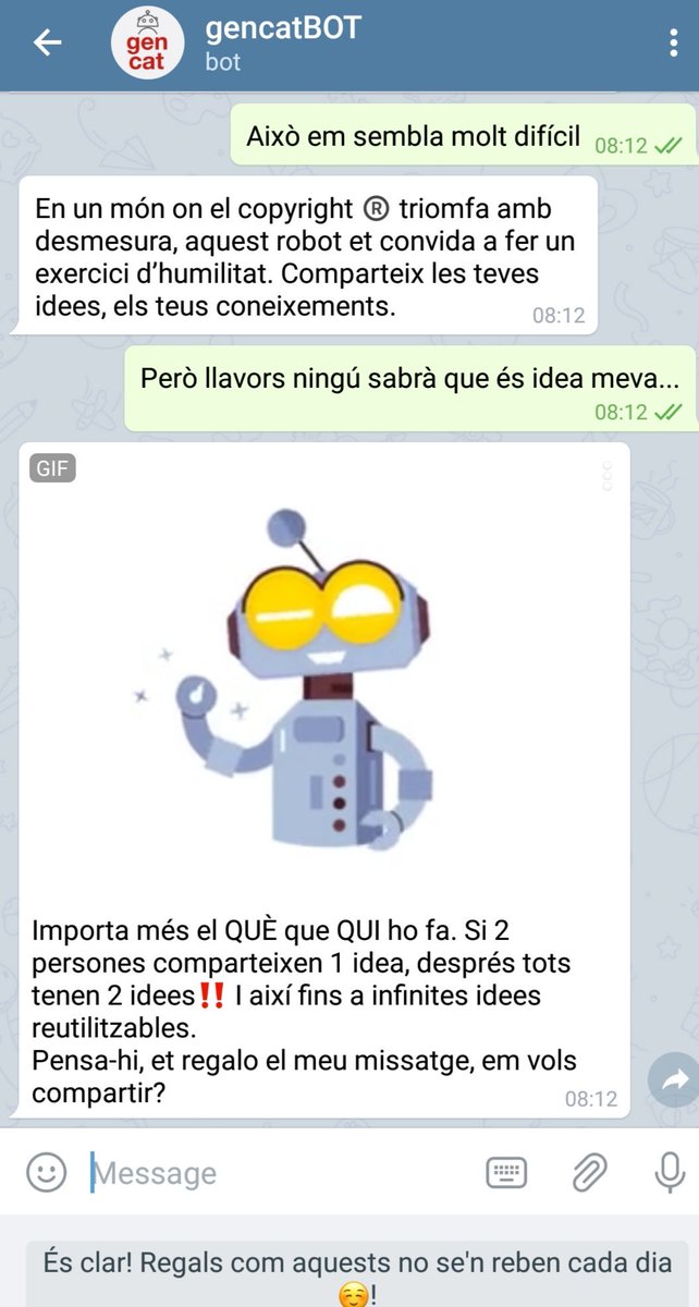 gencat's tweet photo. 🤖 Aquesta setmana el #gencatBOT ens parla de tot el que podem compartir cada cop de manera més fàcil: temps, idees, vehicles... ⏰🚗💡 També ens alerta de posar el fre a les apostes esportives 🎲 i dels beneficis d'omplir la carmanyola.
Saluda'l! 👉 https://t.co/eHePWegbuO https://t.co/xW6Io0wSDd