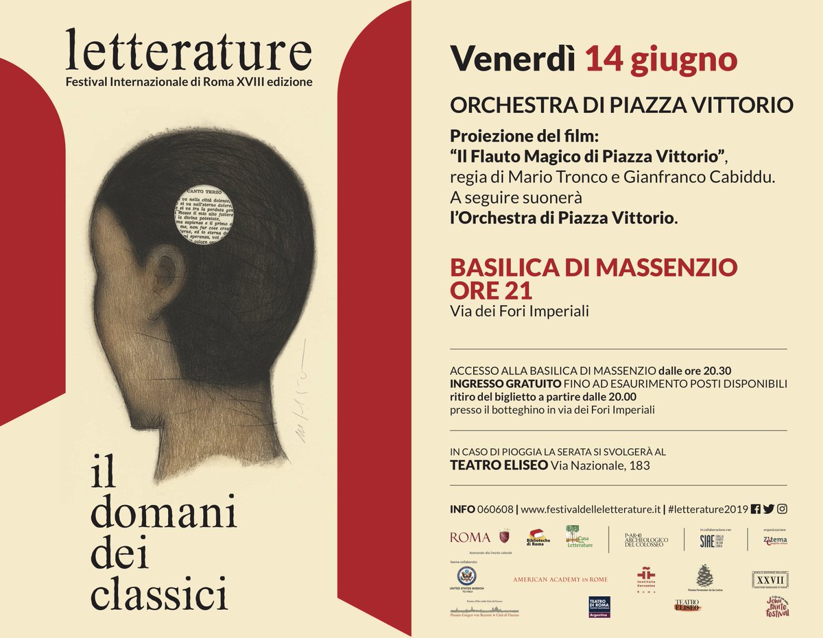 📚 #Letterature2019 in #BasilicadiMassenzio 

Venerdì #14Giugno con l'Orchestra di @PiazzaVittorio.
Proiezione del film "Il Flauto Magico" + concerto.

⏰ Ingresso gratuito dalle 20.30 dal Clivo di Venere Felice (Via dei Fori Imperiali) fino ad esaurimento posti.