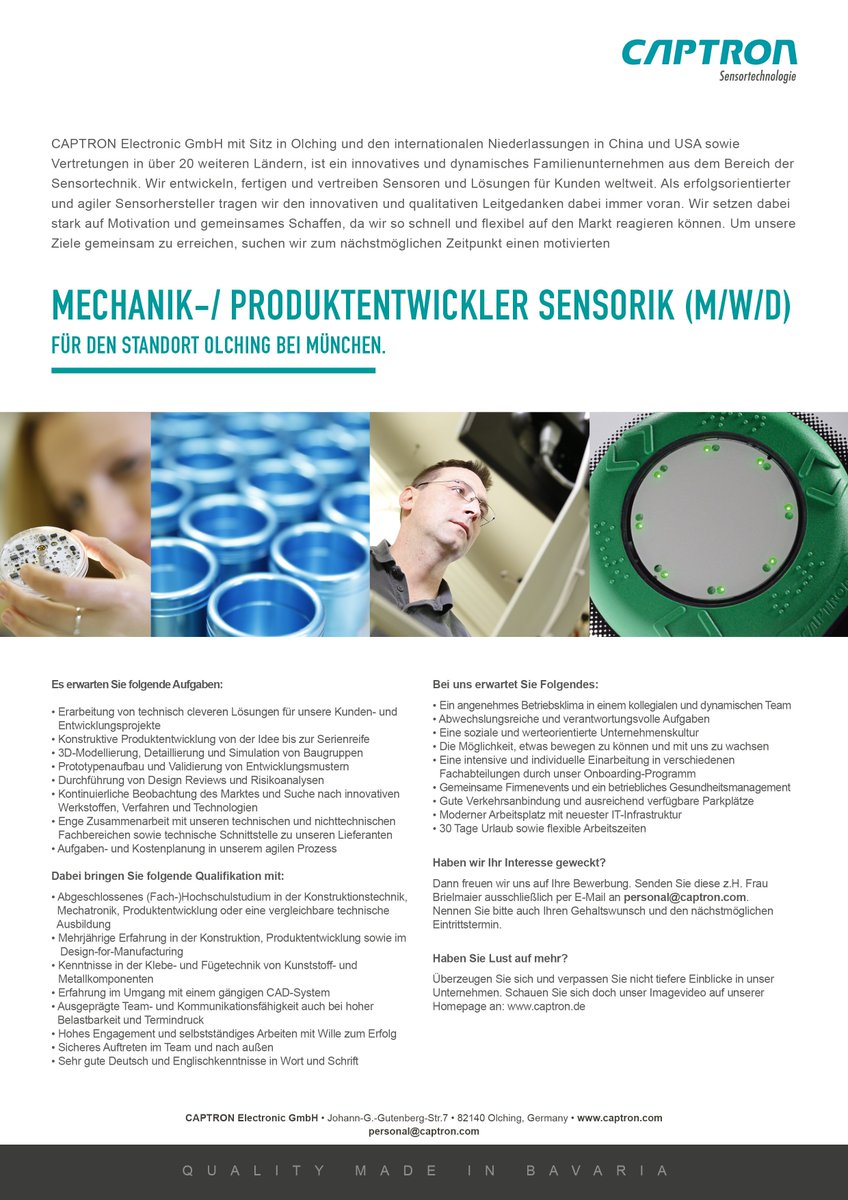 captron_de's tweet photo. Wir suchen zum nächstmöglichen Zeitpunkt einen MECHANIK-/ PRODUKTENTWICKLER SENSORIK (M/W/D) für den Standort Olching bei München.

https://t.co/ElyvM2QFsa https://t.co/GcOq0gRT3C