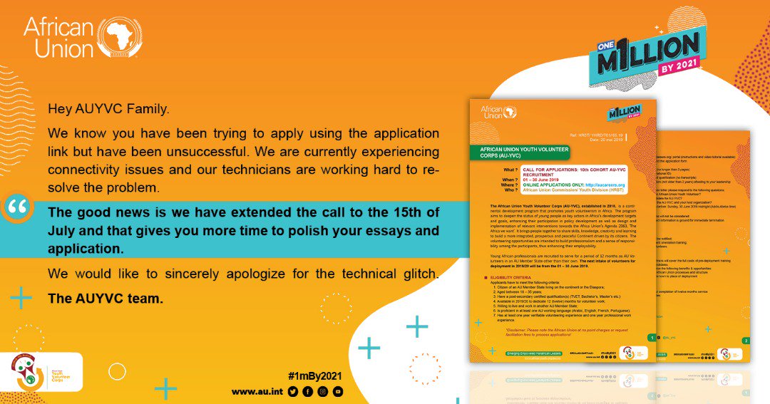 Etalks1's tweet photo. Apply @AUYouthProgram
Are you passionate about serving the continent? 
Are you willing to dedicate 12months of service to Africa ?

Then the @AU_YVC is for you.

Deadline for Applications extended till July 15th!! 

 #1mBy2021 https://t.co/chtxcBaTAN https://t.co/KBreb1xx6N https://t.co/730CM4Xdfm