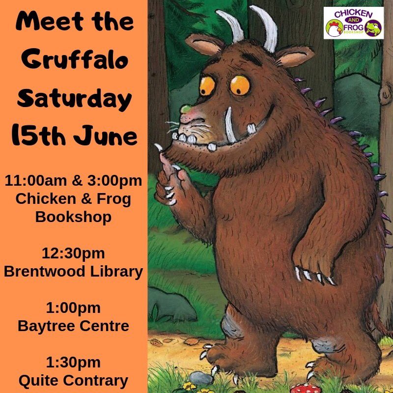 chickenandfrog's tweet photo. Meet the #Gruffalo this Saturday. We’re sharing the Independent Bookshop Week love around Brentwood @booksaremybag https://t.co/Z4YvnAyPHx