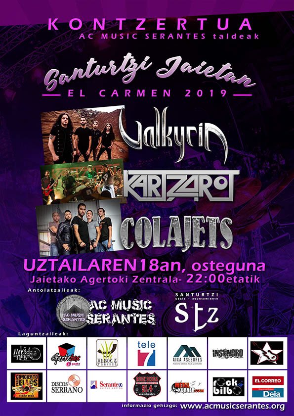 ACMUSIC_Stz's tweet photo. 🔴@ACMUSIC_Stz-ek eta @AytoSanturtzi-k agertokia partekatuko duten hiru bertako taldeak aurkezten dituzte, Santurtzin 2019ko Karmengo Jaietan zehar, uztailaren 18an, osteguna 22:00etatik aurrera:
🎸@Colajets
🥁#Kartzarot
🎤@ValkyriaOficial 
Anima zaitez!💪🎼
#Santurtzijaietan https://t.co/m06wB1mUI7