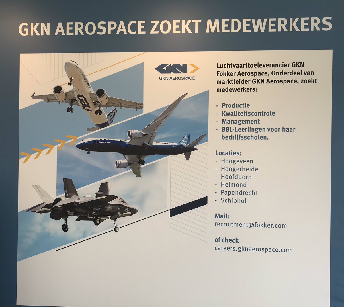 Fokker's tweet photo. Wij zoeken medewerkers. Kom langs op onze stand op de #LMD2019 op @VlbVolkel wij informeren u graag over onze vacatures https://t.co/4nZH73WZA6