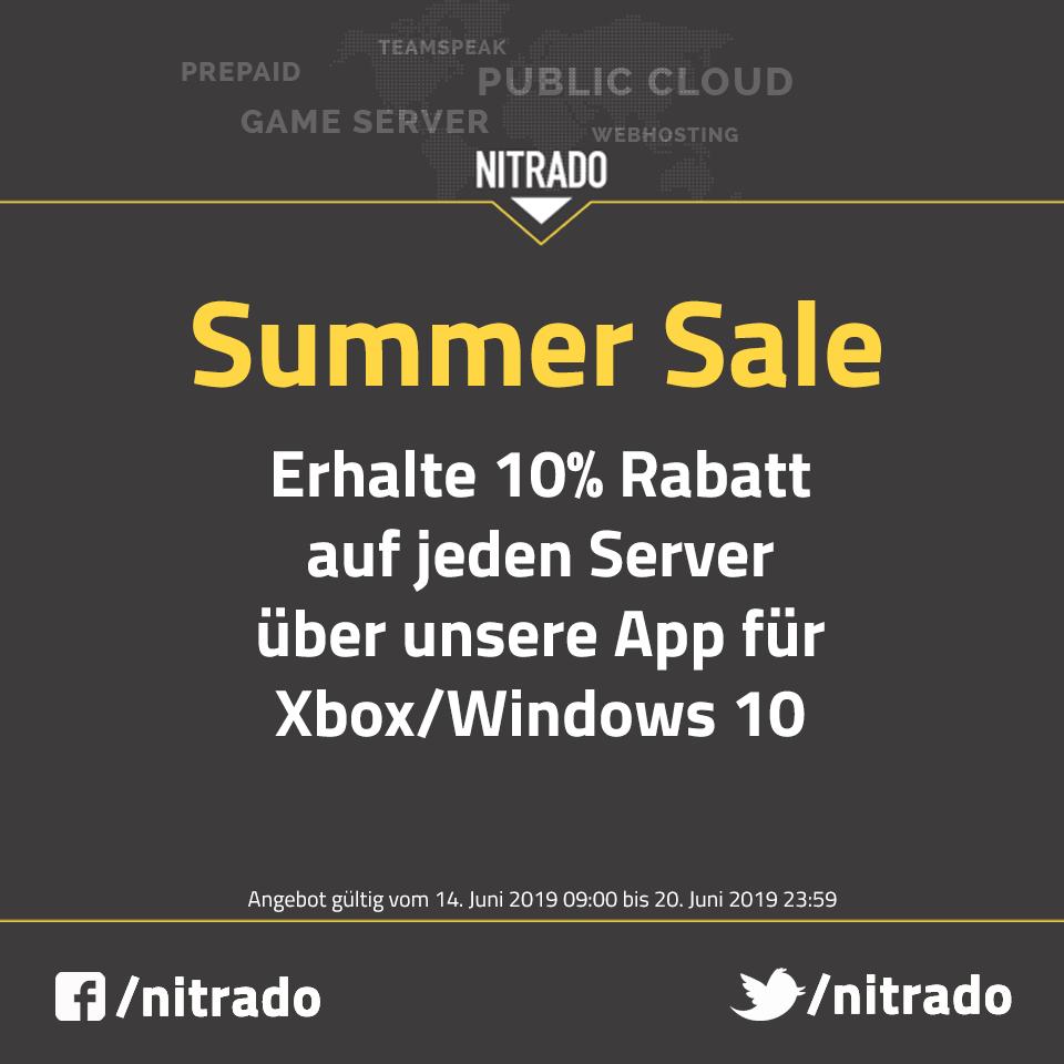 Nitrado's tweet photo. Ab sofort 10% Rabatt auf alle Gameserver, die über unsere App für Xbox/Windows 10 bestellt werden!
https://t.co/13vUsxt9LU

Die Aktion ist gültig ab 14.06.2019 bis 20.06.2019, 23:59

#Nitrado #Microsoft #Gameserver https://t.co/DpnSFEtZVN