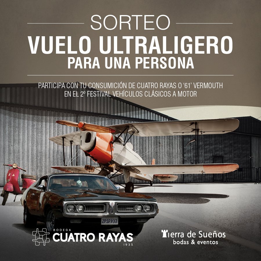 Bodega Cuatro Rayas (@cuatrorayas) on Twitter photo Al pedir Cuatro Rayas o ‘61’ Vermouth Verdejo en el 2º Festival Clásicos a Motor, entrarás en el sorteo de:
-Experiencia Vino Clásico.
-Vuelo en Ultraligero para una persona.
¡Mucha suerte!
➡️23 de junio, #AeródromoMatilla <a href="/tdseventos/">TDS BODAS Y EVENTOS</a> Al pedir Cuatro Rayas o ‘61’ Vermouth Verdejo en el 2º Festival Clásicos a Motor, entrarás en el sorteo de:
-Experiencia Vino Clásico.
-Vuelo en Ultraligero para una persona.
¡Mucha suerte!
➡️23 de junio, #AeródromoMatilla <a href="/tdseventos/">TDS BODAS Y EVENTOS</a>
