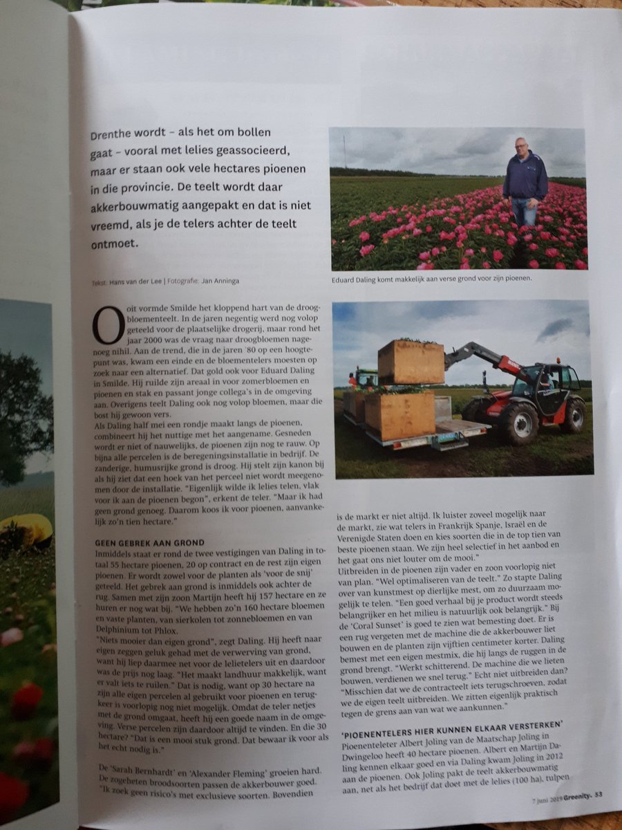 MtsJoling's tweet photo. In de @hetvakblad van 7 Juni 2019 #pioenenteelt #trotse #bollenteler @dion1995 en @eduard_daling #middendrenthe #Westerveld #Drenthe #pioenen #peony #paeonia #flowers #floweringtheworld https://t.co/jrhsm6x779