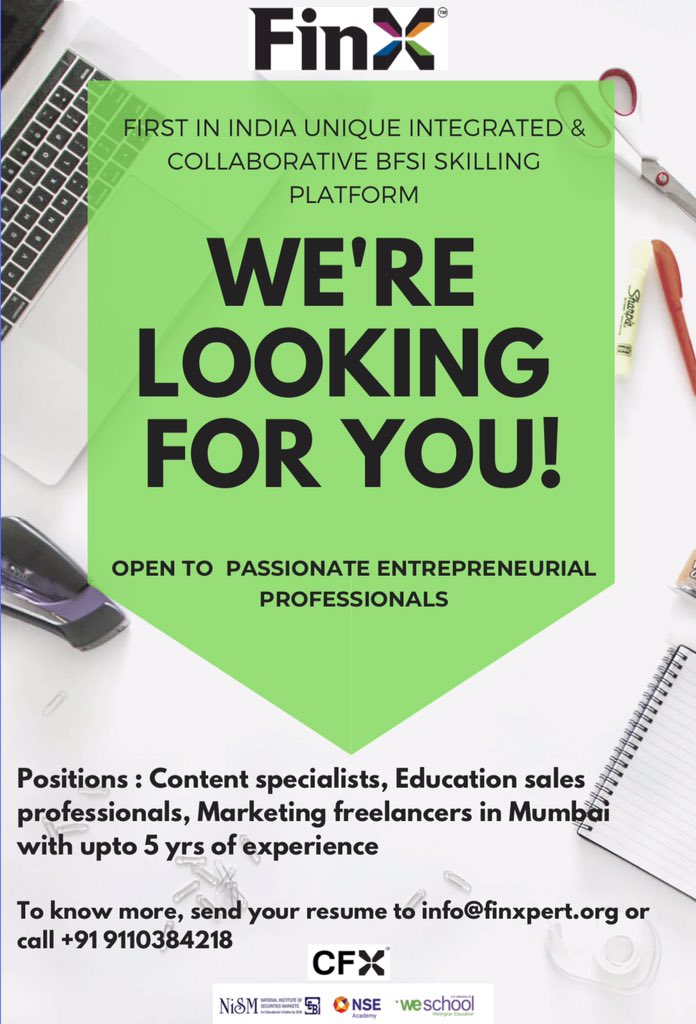 Looking for young, passionate #Intrepreneurs for #content, #sales &amp; #marketing roles at #FINX  #makeithappen #newbeginnings  #financialservices #jobs #banking #insurance #bfsi