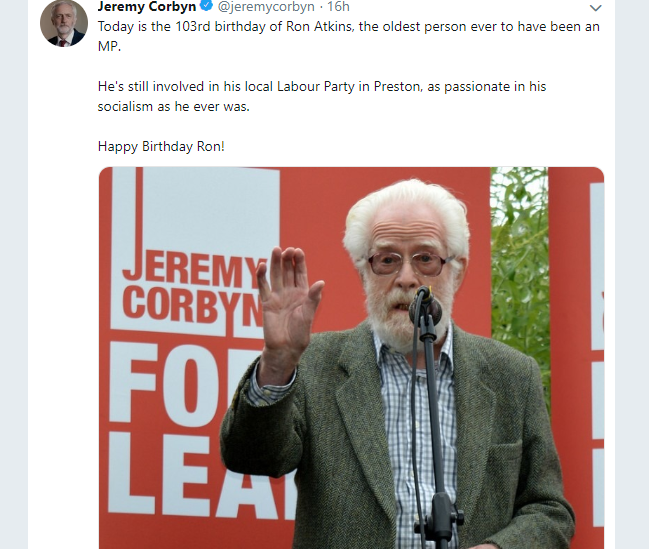 TonyWorrall1's tweet photo. Over 5k likes for @jeremycorbyn tweet about Ron Atkins birthday, Shame he didn't credit me for MY PHOTO. Could have used the publicity
#jeremycorbyn #ronatkins #labour @prestonlabour @UKLabour #birthdaywishes https://t.co/QnrPno9MHm