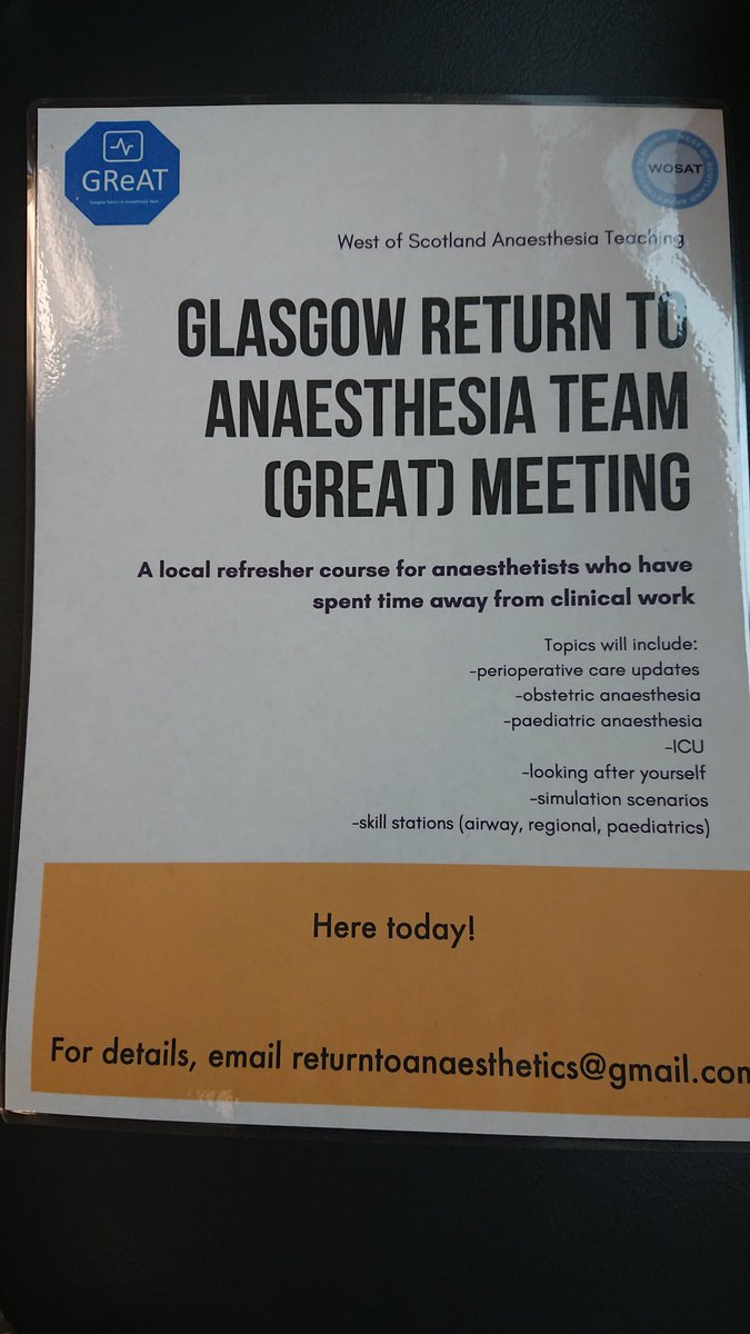 Glasgow Return to Anaesthesia (@glaretanaes) on Twitter photo Here we are again! GReAT course running today, supporting our colleagues returning to clinical practice after an absence <a href="/Gaswegians/">WoS Anaesthetic StRs</a> <a href="/WoSAnaesTeach/">WOSAT</a> <a href="/NHSGGC/">NHS Greater Glasgow and Clyde</a> <a href="/RCoANews/">Royal College of Anaesthetists</a> <a href="/AAGBI/">AoA</a> <a href="/AAGBI_GAT/">GAT</a> Here we are again! GReAT course running today, supporting our colleagues returning to clinical practice after an absence <a href="/Gaswegians/">WoS Anaesthetic StRs</a> <a href="/WoSAnaesTeach/">WOSAT</a> <a href="/NHSGGC/">NHS Greater Glasgow and Clyde</a> <a href="/RCoANews/">Royal College of Anaesthetists</a> <a href="/AAGBI/">AoA</a> <a href="/AAGBI_GAT/">GAT</a>