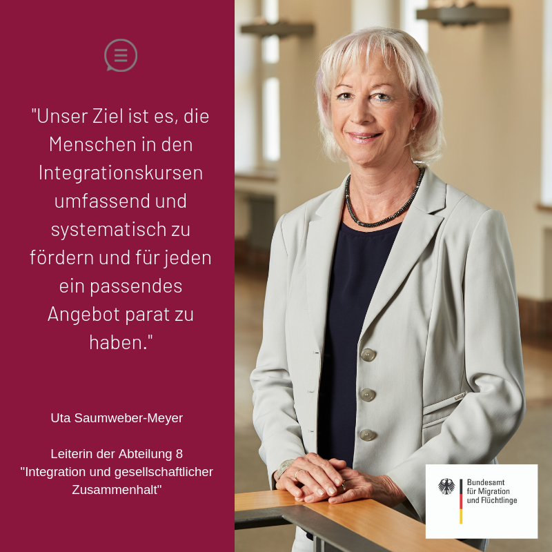 BAMF_Dialog's tweet photo. #Integrationskurse vermitteln neben #Sprache auch #Alltagswissen. D. neue Reihe #BAMFIntegration stellt d. ausdifferenzierte Kurssystem &amp; Erfahrungen damit vor. Los geht's mit Uta Saumweber-Meyer, Leitung d. Abt. Integration &amp; gesellschaftl. Zusammenhalt ➡https://t.co/XryMqyaRoo https://t.co/AgsqVMDQXH