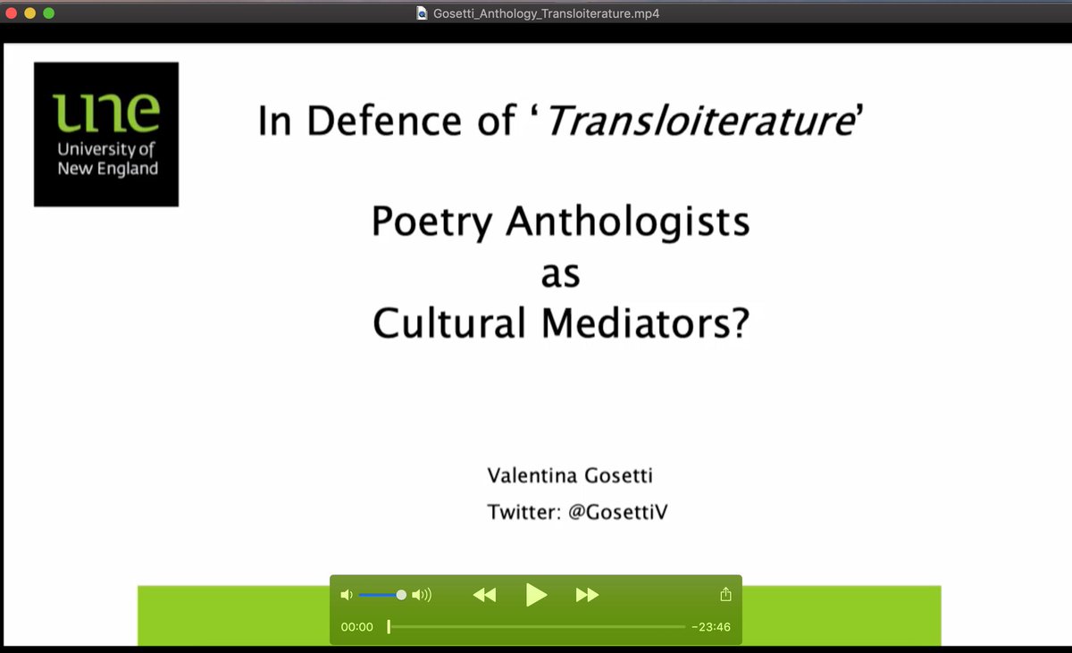GosettiV's tweet photo. @Bellparkin @martin_puchner @QMULCompLit @QMUL @QMULSLLF My video presentation is ready for tomorrow 🙂. I'll be available on Skype after the video for live Q&A. Sorry not to be there in person! The programme is fantastic. #AnthologyFever
@UNE_Sydney @UniNewEngland #UNEFRENCH #DonnePoetidiFranciaeOltre #RossChambers @PeterLangOxford https://t.co/ERuz2NfS6I