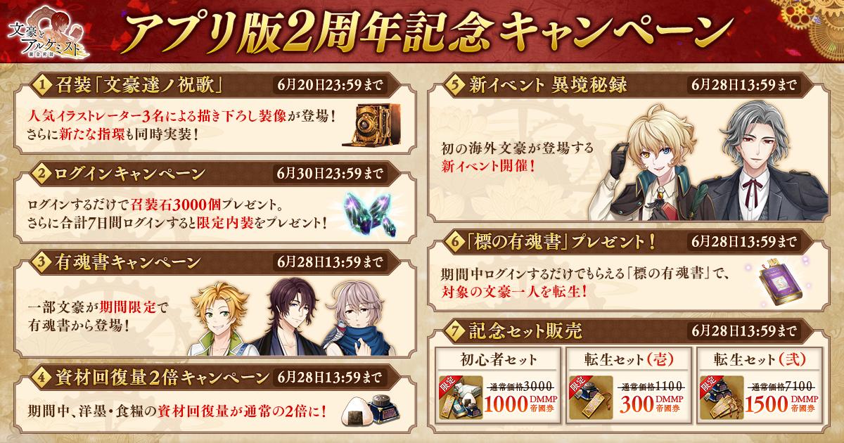 Dmm 文豪とアルケミスト 運営 アプリ版2周年記念キャンペーンのお知らせ アプリ版2周年記念キャンペーンの内容を公開いたします 詳細はゲーム説明 イベント をご確認ください 文アル