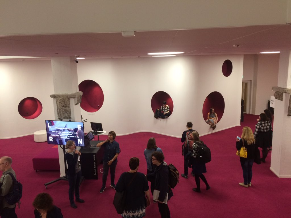 Pete_R_H's tweet photo. Helsinki Day 5 - the Harald Herlin Learning Centre at the Aalto University - there are pros and cons of delivering libraries services in a 1970s building designed and furnished by a famous designer #ISEWLib https://t.co/7XvtwGX3vU