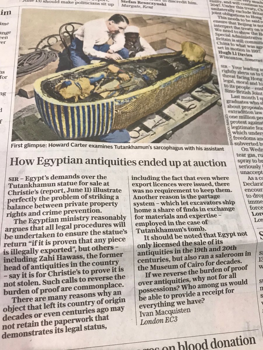 Thanks to ⁦<a href="/Telegraph/">The Telegraph</a>⁩ for publishing my letter on ⁦<a href="/ChristiesInc/">Christie's</a>⁩ Tutankhamen head today. We need a better public information campaign on issues like this to defend legitimate trade while fighting crime #artmarket #antiquities