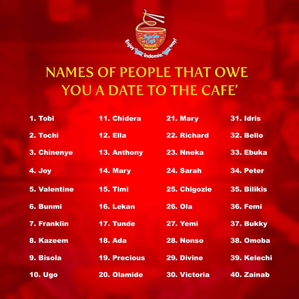 mynoodlescafe's tweet photo. These are the names of people that owe you a date at the cafe๐
Tag them so they can clear up their debt๐คช
If you see your name, then you owe someone a date๐
#indomiecafe #myindomiemystyle #indomienoodles #noodles #recipe #foodie #naijafoodblog #naijafoodblogger #cinema #movies https://t.co/aCaKT5ML5y