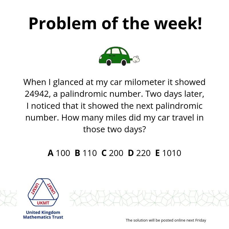 UKMathsTrust's tweet photo. The first Problem of the Week is here! Feel free to post the solutions below, comment and share it with your friends and family. The solution will be posted next Friday just before the new Problem.

#ProblemOfTheWeek
#UKMT
#Mathematics
#UKMTProblemOfTheWeek https://t.co/PjSTtXcSKu