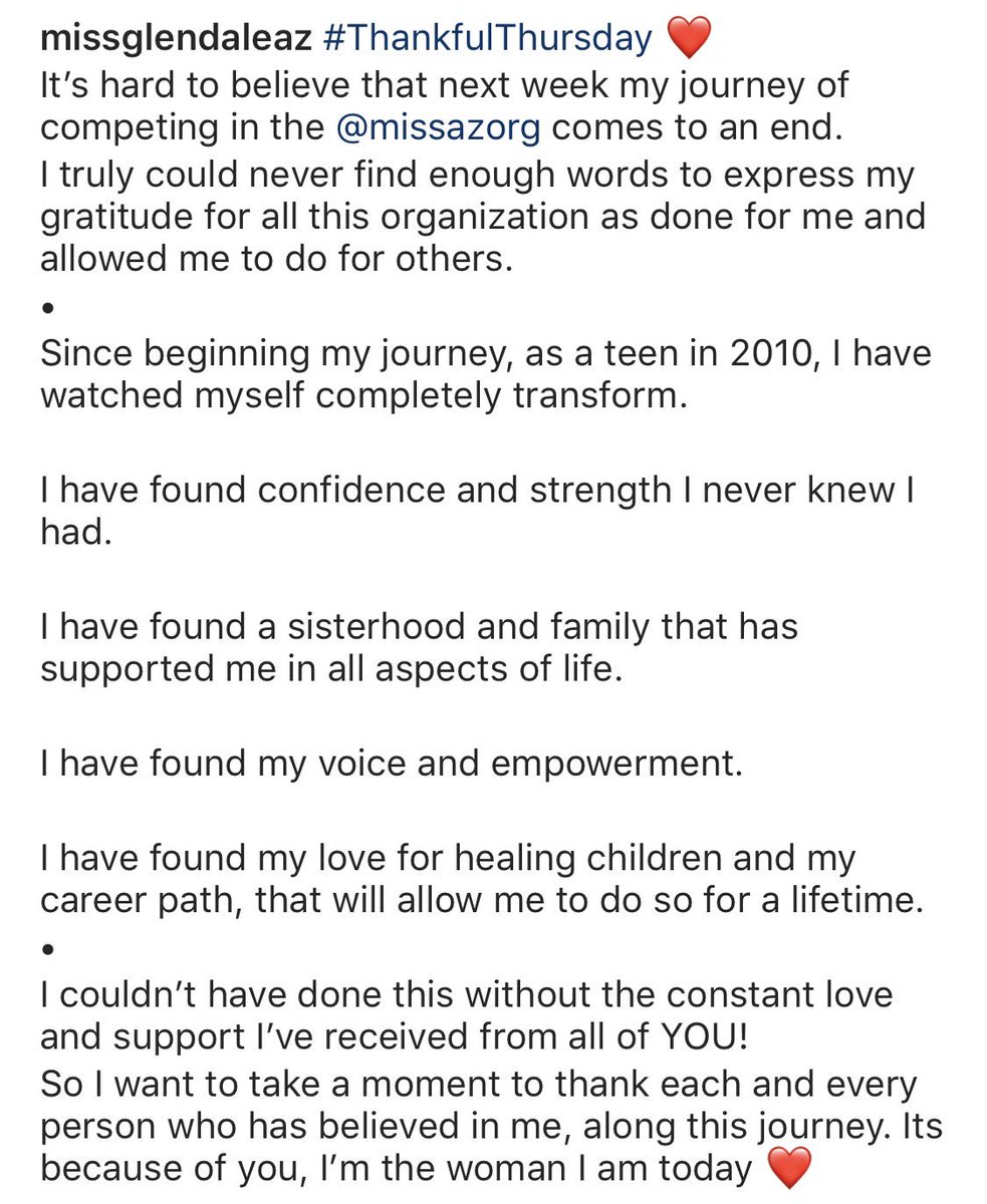 MissGlendaleAZ's tweet photo. #ThankfulThursday ❤️
It’s hard to believe that next week my journey of competing in the @missazorg comes to an end.
I truly could never find enough words to express my gratitude for all this organization as done for me and allowed me to do for others. https://t.co/pgpLmkE4K1