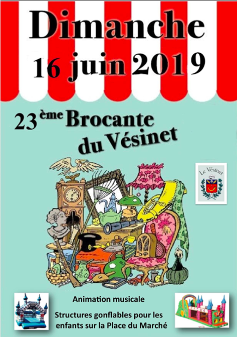 AutourdeToi's tweet photo. [BROCANTE] Dimanche 16 juin, de 8h à 18h.

#Brocante, #videgrenier et #braderie des Commerçants de la Ville du #Vésinet. Organisé par l’association des commerçants A.V.E.C. VOUS.
Animation musicale et structures gonflables pour les enfants 
#Sortir #AutourdeToi #Parisalouest https://t.co/mMYPdzFe5d