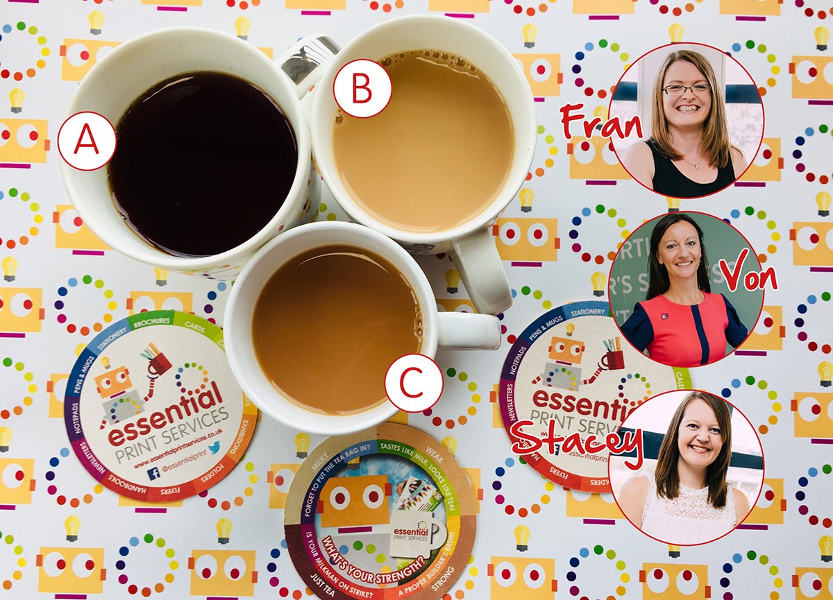 essentialprint's tweet photo. Happy Friday! Here at Essential Print Services, we have 3 tea drinkers in the office; Yvonne, Fran & Stacey. Can you guess who's mug belongs to which print angel? Who's brew is who? Which brew, would be for you? #FridayFeeling #FridayFun #PrintAngels #tea #BrewCrew #PridePark https://t.co/VeY2OFcfld