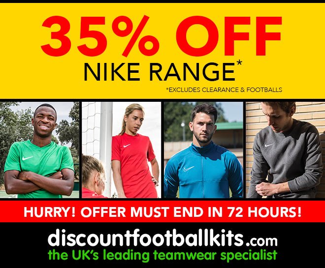 DISCOUNT FOOTBALL KITS | For 72 hours our official retail partner <a href="/DiscountFK/">Discount Football Kits</a> are having 35% off Nike Teamwear!

🔗 discountfootballkits.com/Nike-Football-…
