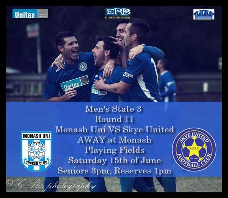 SENIOR MENS|

This week our men’s are away against <a href="/monashunisocce/">monashunisoccer</a>.

The Seniors will be looking to make it 8 in a row after a fantastic win against Brighton last week.

Seniors 3pm
Ressies 1pm

Goodluck lads !
#skye19 🔵⚪️⚽️

📷 G.Sliz photography