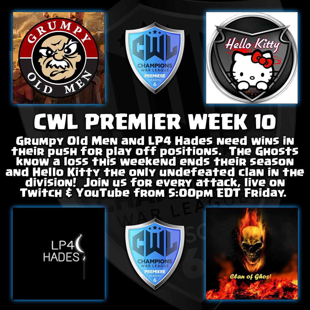 CWL PREMIER WEEK 10
Regular season reaches fever pitch!  Must win wars and an undefeated clan, what a line up we have.  It's all about the play off picture.  It's the Premier war Twitch has been waiting for, did i mention they have spun a 50v50?!  This is going to epic #cwlmedia
