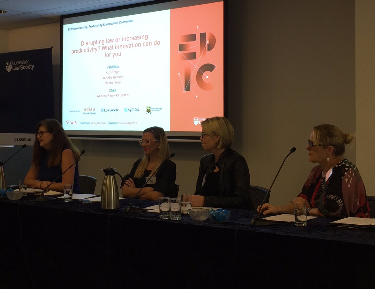 It was wonderful to be part of <a href="/qldlawsociety/">@qldlawsociety</a>’s first entrepreneurship, productivity and innovation convention today. Our panel discussion with <a href="/KimTrajer/">Kim Trajer</a> <a href="/rachelneil/">rachelneil</a> <a href="/janelle_kerrisk/">Janelle Kerrisk</a> covered what legal innovation is, eta of innovation projects, challenges, tech dev and learnings