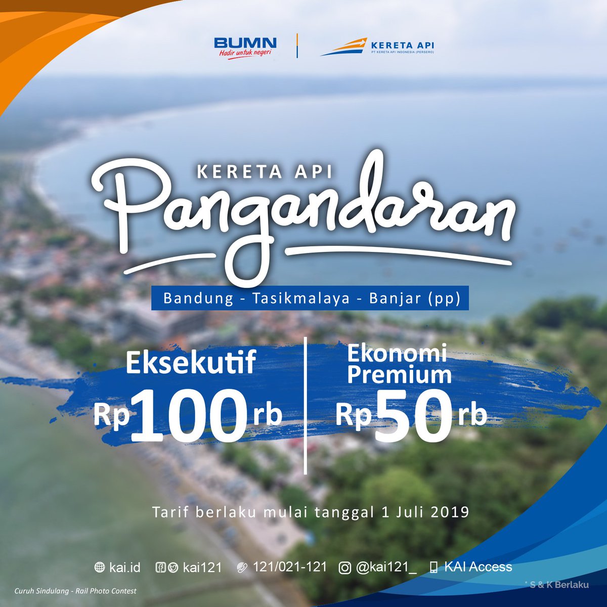 KAI121's tweet photo. #SahabatKAI, mulai 1 Juli 2019 penumpang KA Galunggung dikenakan tarif Rp. 35.000. Untuk KA Pangandaran (Bandung-Banjar): Eksekutif Rp. 100.000, Ekonomi Premium Rp. 50.000.
⁣
Pesan tiketmu via web https://t.co/sQEDaRO4Oj, #KAIAccess, 121 &amp; kanal mitra resmi PT KAI #AyoNaikKereta https://t.co/MhOzAA2Qaz