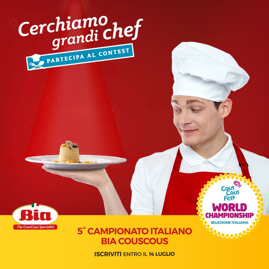 🏆🍴Vuoi diventare il Campione Italiano del Cous Cous Fest? Iscriviti al contest Bia Cous Cous e partecipa alle selezioni.

🍽📲 Inventa una ricetta, fotografala e caricala su contest.couscousfest.it

➡📅 Hai tempo fino al 14 Luglio.