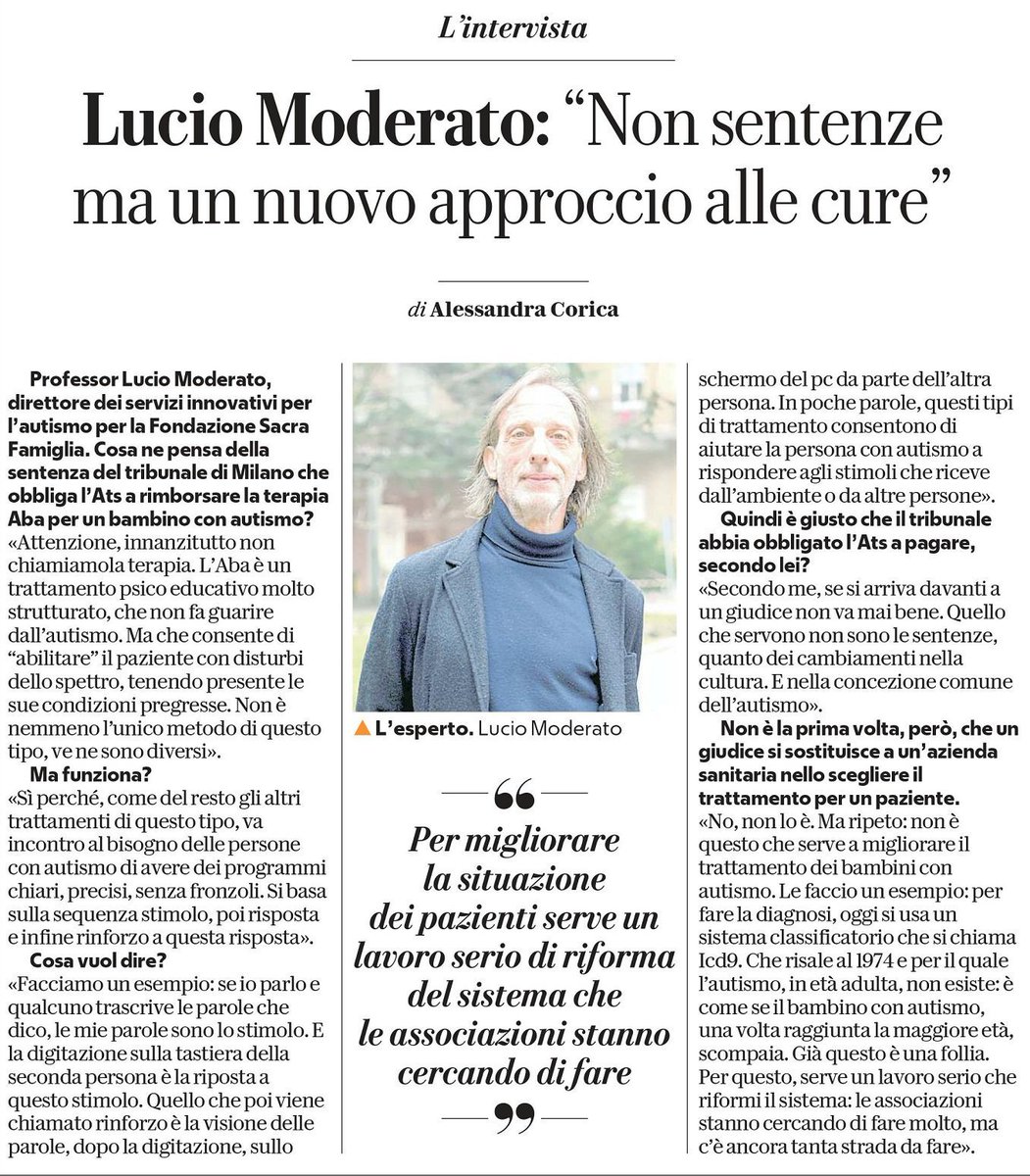 Oggi su <a href="/rep_milano/">Repubblica Milano</a> intervista al Prof. Lucio #Moderato sugli effetti della sentenza del #tribunale di #milano che impone il pagamento ad #ats degli interventi psiocoeducativi previsti da #ISS per #autismo. Grazie al nostro Prof e ad <a href="/ACorica/">Alessandra Corica</a> . #unitiperlautismo