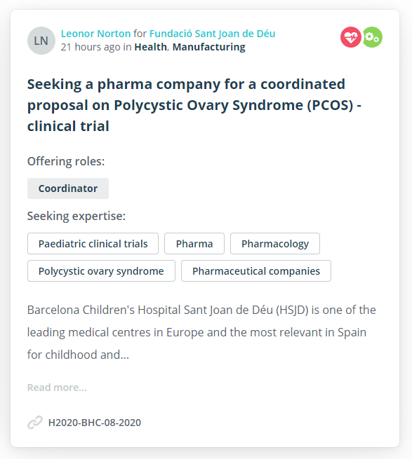 Crowdhelix's tweet image. The Fundació @SJDbarcelona_es seeks a #pharma company to join a proposal to the EU #H2020 programme, to demonstrate the clinical effectiveness of a new pharmacological therapy for #PCOS (Polycystic Ovary Syndrome). Get in touch at hello@crowdhelix.com #health #Pharmaceutical