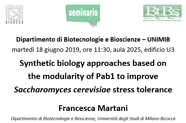 BtBsUNIMIB's tweet photo. #BtBsSeminars Francesca Martani "Synthetic biology approaches based on the modularity of #Pab1 to improve #Saccharomyces cerevisiae stress toleranceβ, martedΓ¬ 18 giugno 2019, ore 11:30, aula 2025, edificio U3, @UNIMIB https://t.co/dX9rzU3Vpz https://t.co/sRczhzNlkD