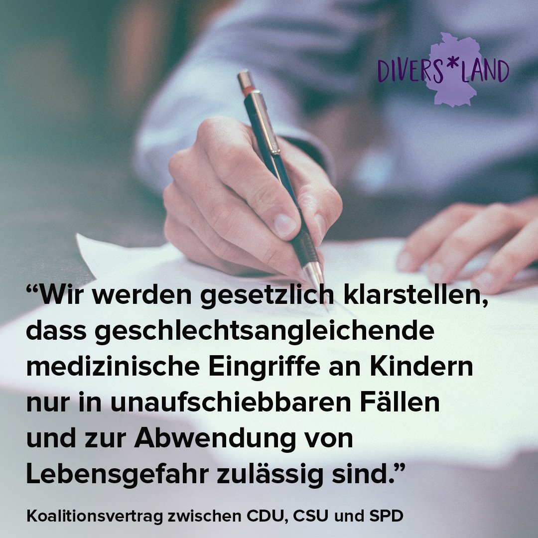 diversland_'s tweet photo. Der #Koalitionsvertrag zwischen @cducsubt und @spdbt (Stand 2018) sieht den Schutz von inter* Kindern vor geschlechtsangleichenden medizinischen Eingriffen vor.

Bei #Diversland verfolgen wir, ob und wie die #Bundesregierung das einhält.

#zeitzuverstehen #intergeschlechtlich https://t.co/1j6BaLN0QT
