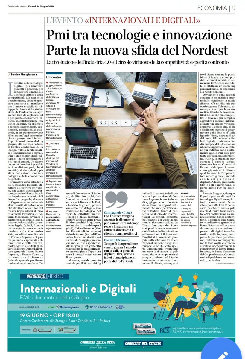 impresealcuoa's tweet photo. Oggi sul @corriereveneto anticipo dell'evento #internazionali e #digitali del prossimo 19 giugno a Padova con @diegocampagnolo, @bonuck, le aziende esaminate nella ricerca #BeInternationalBeDigital e molti altri.Interessante articolo! #mycuoa   @Consilium_Com @tonuccipartners https://t.co/HXEfvSfsnp