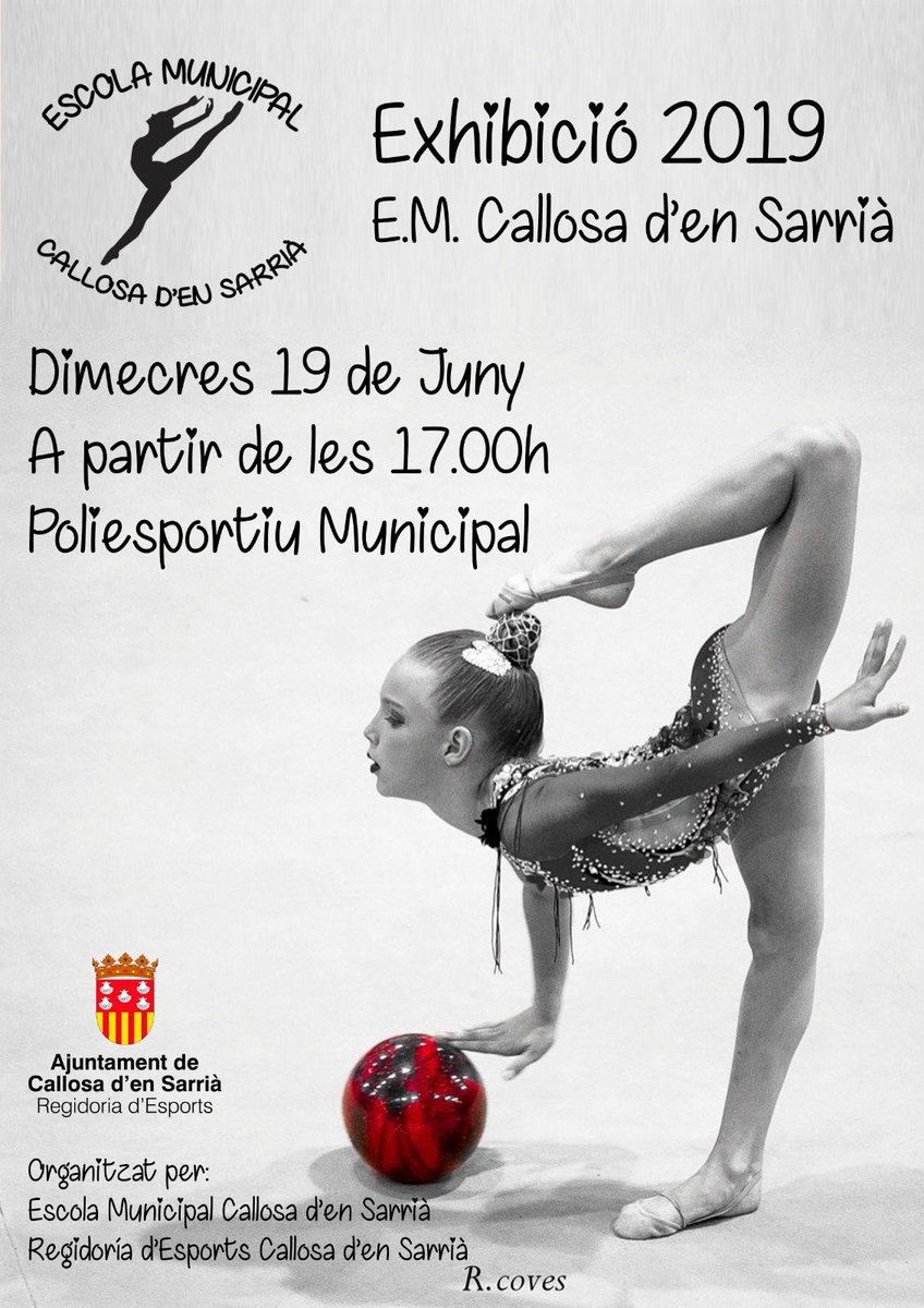 L'Escola Municipal de Gimnàstica Rítmica oferirà una exhibició com a clausura del curs 2018/2019 dimecres que ve, 19 de juny, a partir de les 17.00 hores, en el Poliesportiu Municipal. bit.ly/31z9dEk
#CallosadenSarrià #Deportes #GimnasiaRitmica