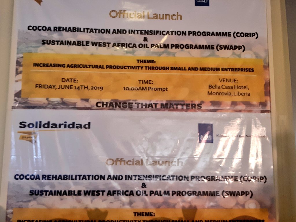 Solidaridad_wa's tweet photo. All is  set to officially launch two new programs,#CORIP and #SWAPP  today to post the production of cocoa and oil palm in Liberia. #CORIP #SWAPP  are funded by @NLinGhana   #Solidaridad50 ##ChangeThatMatters https://t.co/5gjWwgJIl4