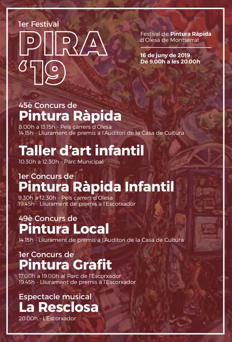 artsioficis's tweet photo. Aquest diumenge 16 de juny #OlesadeMontserrat s’omple d’art amb el 🎨 1er #FestivalPira’19 🎨
🎨45è Concurs de #PinturaRàpida
🎨Taller d’#artinfantil
🎨1er #ConcursdePinturaRàpida infantil
🎨49è Concurs de #PinturaLocal
🎨1er Concurs de #PinturaGrafit
🎷La Resclosa https://t.co/07Eaj7niKq