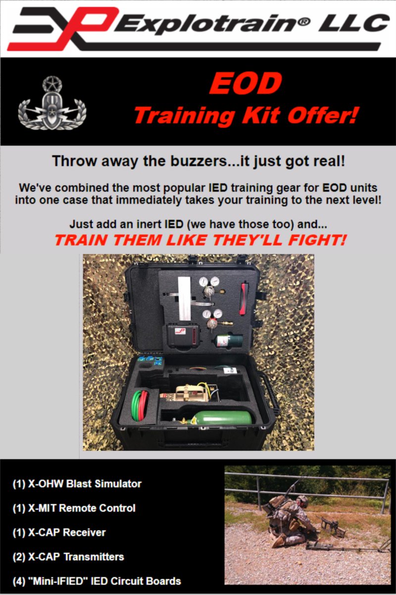 Explotrain's tweet image. The EOD Training Kit is here!

It comes with all of Explotrain's most popular IED training gear. 

If you would like more info or a price quote on this next level kit, please contact Vic at vic.stahl@explotrain.com or call (850)862-5344.

explotrain.com

  #EOD #ordnance
