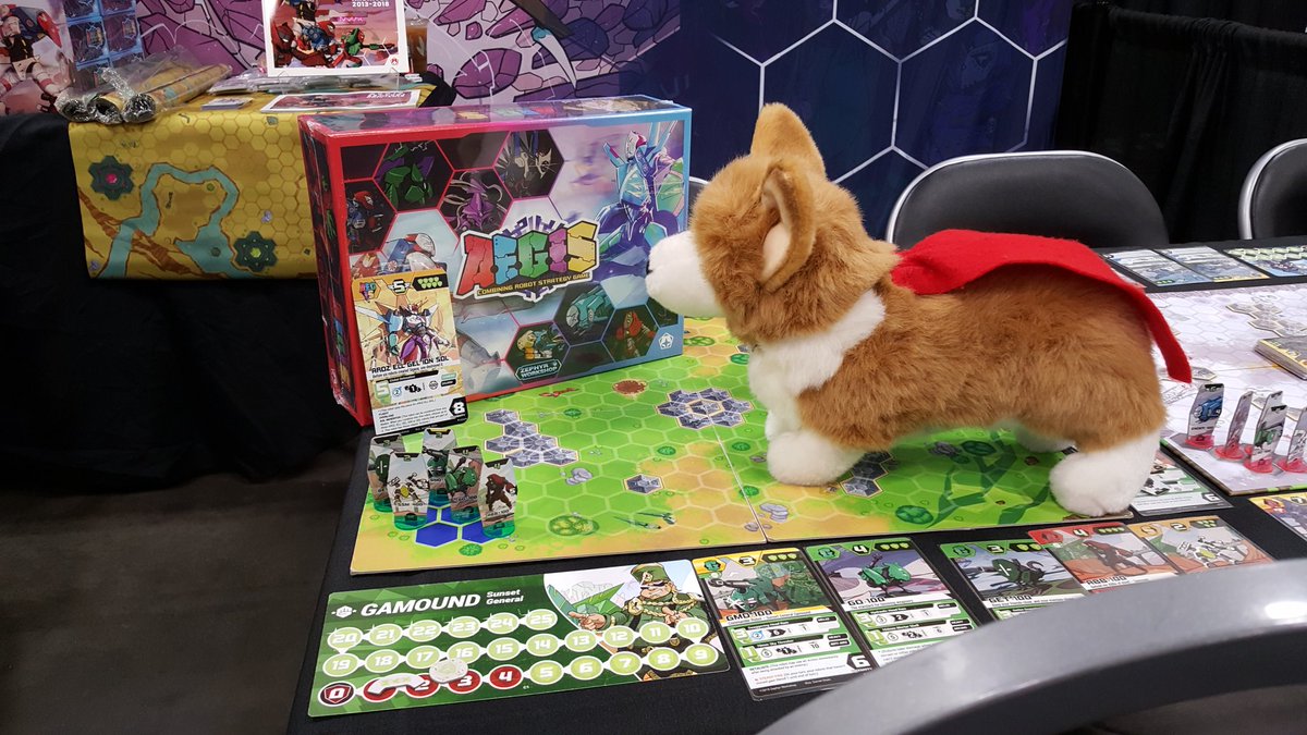 First visitor of the day! Waffles from <a href="/ObsRefGames/">Obscure Reference Games</a> approves of robots! Stop by our booth 154, and Obscure Reference's booth, 335 at <a href="/originsgames/">Origins Game Fair</a>! #tabletop #boardgames #Origins2019