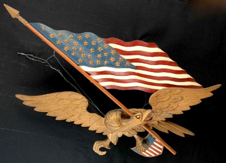 AntiqueDigest's tweet photo. This eagle with a flag &amp; a shield, attributed to George Stapf (1862-1958), sold for $13,200 at @McInnisAuctions.  Stapf, a Harrisburg, Pennsylvania, carpenter, made eagles for government buildings and GAR halls #art #artist #Americana #flagday #flag #USA #eagle #Stapf #Harrisburg https://t.co/HjQ2in0jV1
