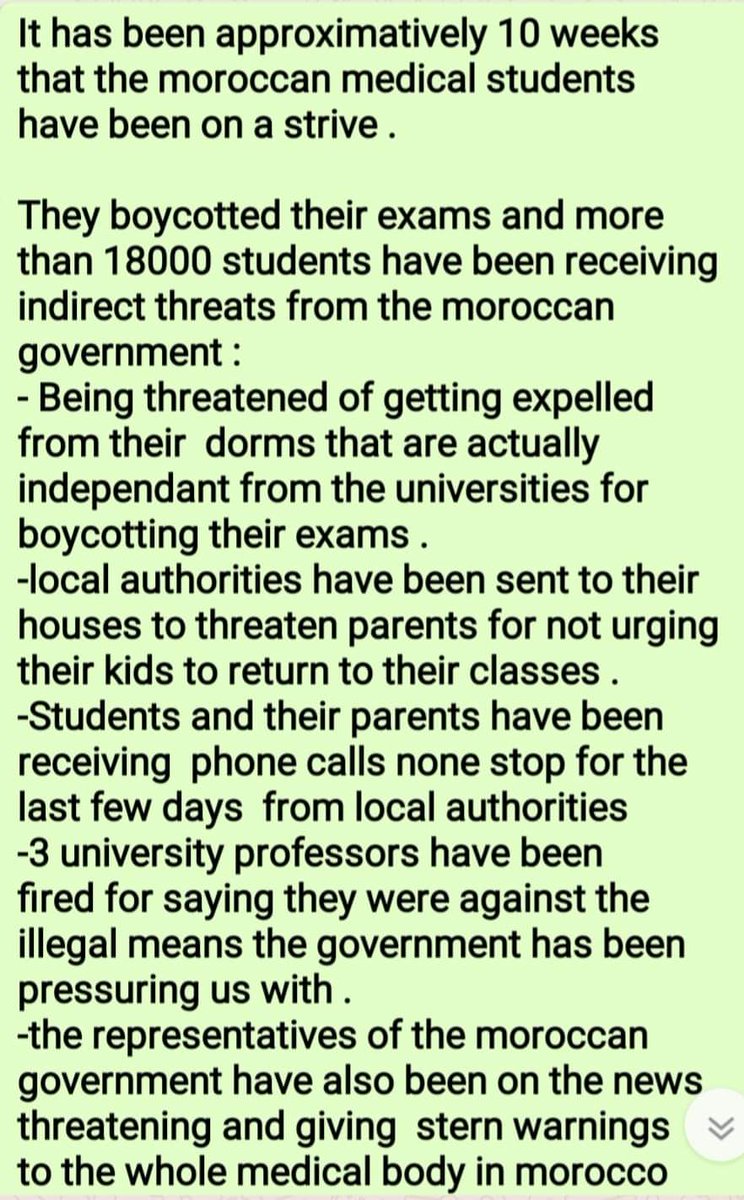 LyoubiSamah's tweet photo. @WHO Après 3 mois de Boycott,les étudiants en médecine au Maroc sont victimes d’intimidations:
-De leur personne (de la part des mqadems) 
-De leur habitat (expulsion des internats)
-De leurs parents (expulsion de leurs travails) incroyable mais vrai 
#DoctorsUnderOppression https://t.co/VQMpIOpgVk