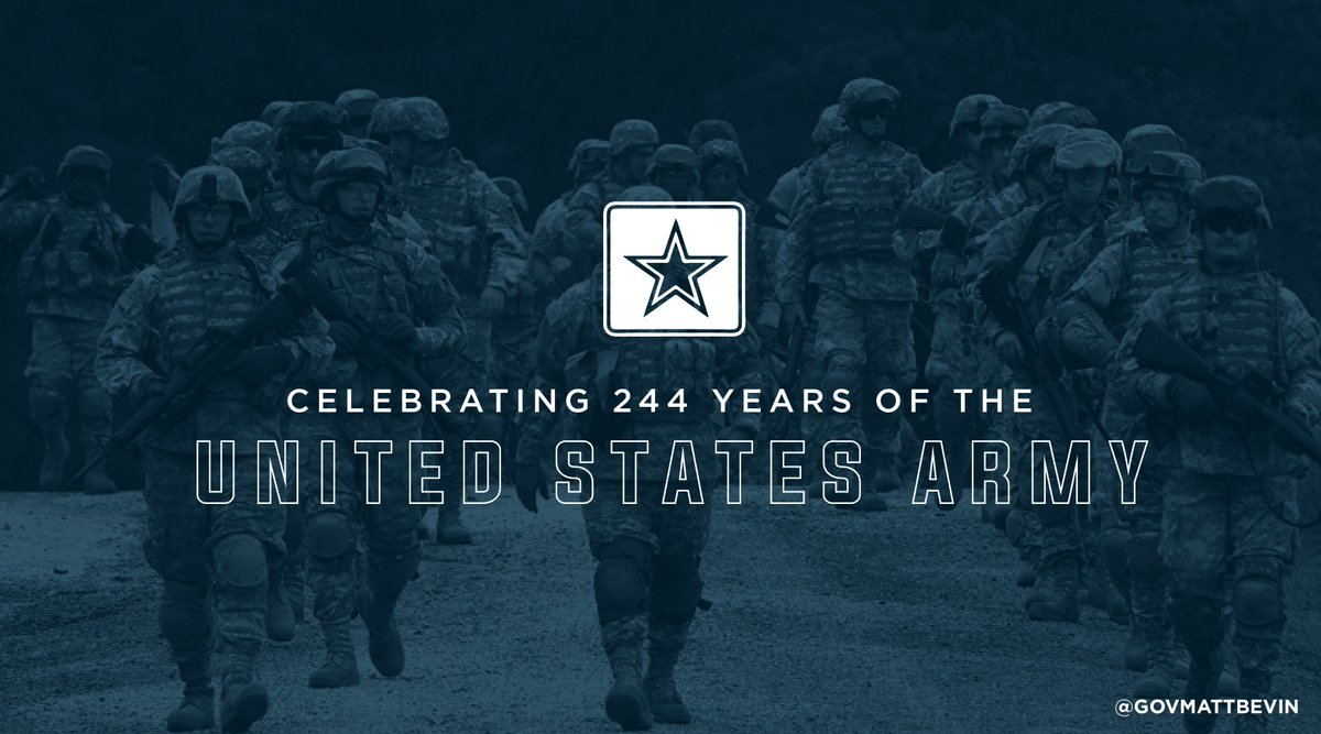 GovMattBevin's tweet photo. For 244 years, the @USArmy has answered the call to defend and protect the United States of America...

To America's soldiers, past and present: thank you. #ArmyBday 🇺🇸 https://t.co/YBmzHlef4Y