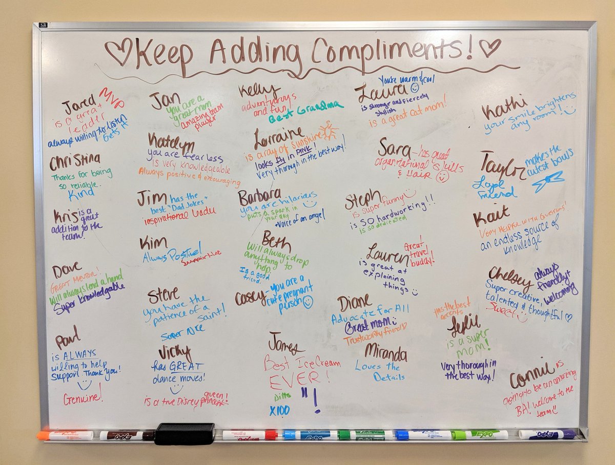 Hudson340B's tweet photo. This week's whiteboard challenge was to give a coworker a compliment, and we expected just one per each person but we're surprised by this outpouring of generosity. Nothing beats a supportive team 🧭
.
.
.
.
.
.
.
.
.
.
#Hudson340B #TeamBuilding #340B #ThirdPartyAdministration https://t.co/MCpfUkVEXt