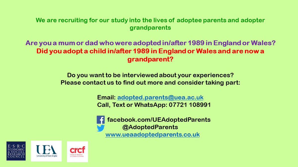 Great week for recruitment (thanks all!). We are now holding a few places for adoptee mums whose children don't live with them, but still have plenty of places for adoptee dads and a handful of adopter grandfathers.  Please get in touch to take part (contacts below).