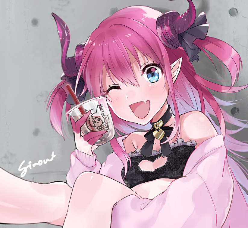 elizabeth_bathory_(fate) ,悪魔ランサー 「カルデアでお流行中の、王の話をしてくれるタピオカ屋さんのタピオカミルクを飲むエリ」|しろむのイラスト