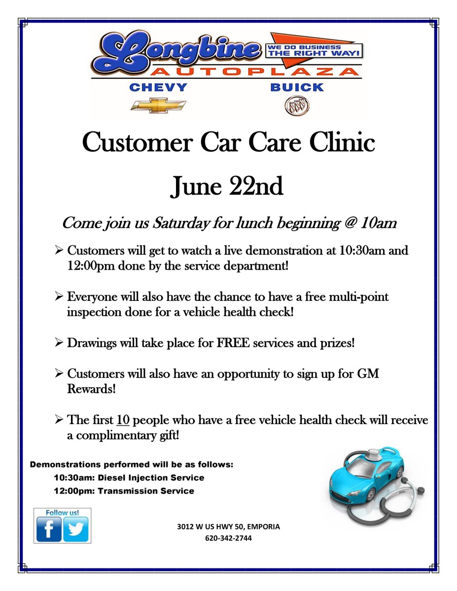 Join us June 22nd at 10:00 AM for a Customer Car Care Clinic! Let us make car care less scary and enjoy some lunch! We are also going to have some drawings for an opportunity to win some free services and prizes. Mark your calender's and do not miss out!!