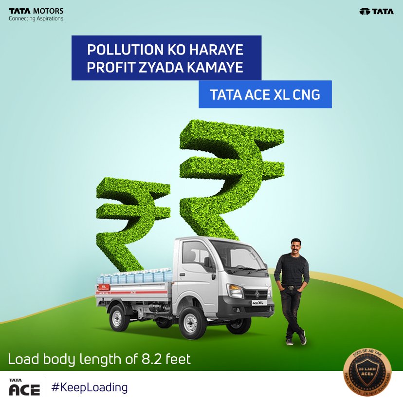 TataMotors's tweet photo. Tata Ace XL ke CNG variant se pollution ho kam aur iski badi load body uthaye zyada load taaki aap kama sakein zyada profit. #KeepLoading #TataAce https://t.co/NMy6dp3W76