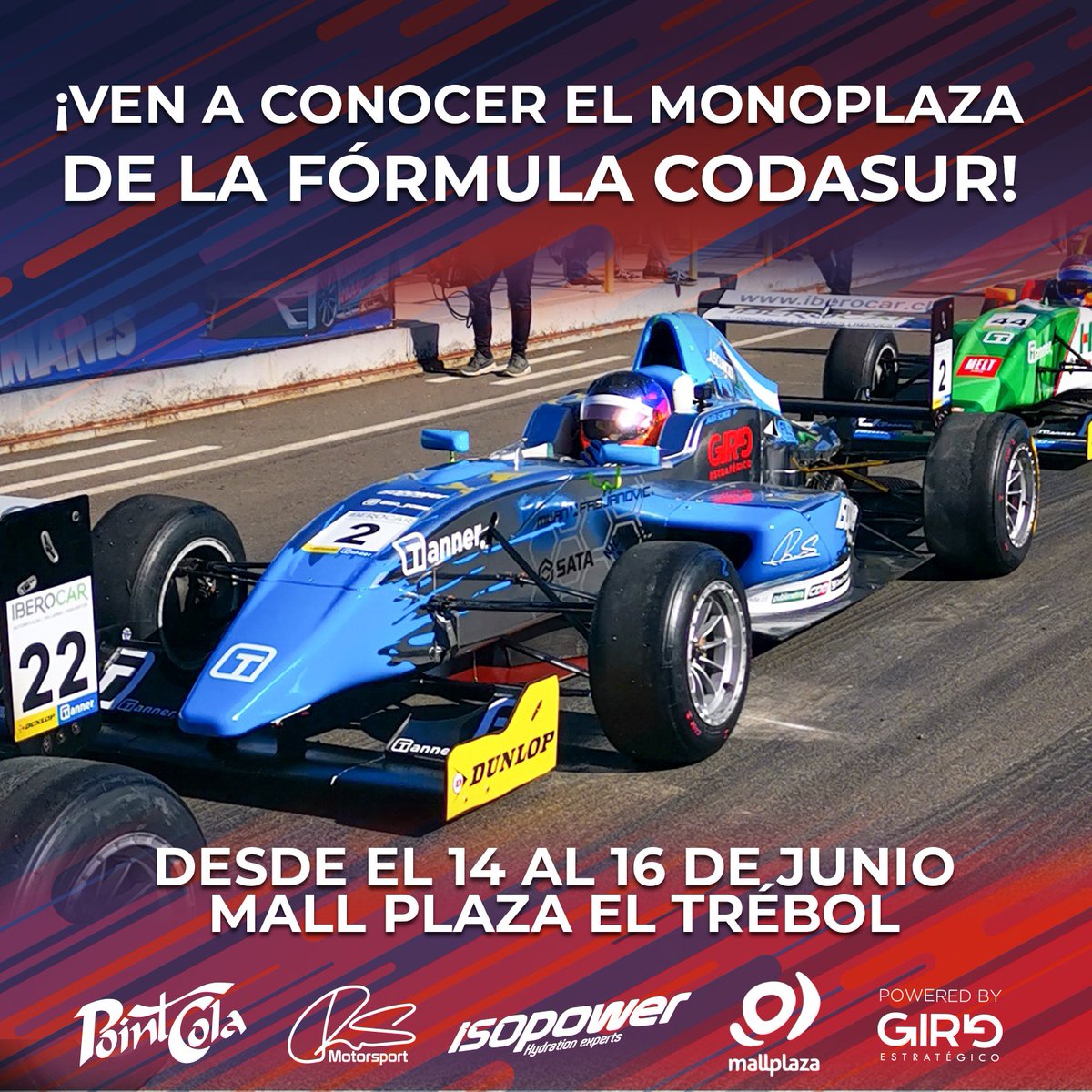 PointColaRacing's tweet photo. ¡Vive la Fórmula Codasur!... Desde el 14 al 16 de junio podrás ver en vivo uno de nuestro monoplazas de RSMotorsport, campeones del 2018 en el Mall Plaza del Trébol de Talcahuano. ¡Te esperamos! #FormulaCodasur
#RSMotorsport #PointColaRacing #Isopower #GiroEstratégico https://t.co/Z6VdB8l6Bm